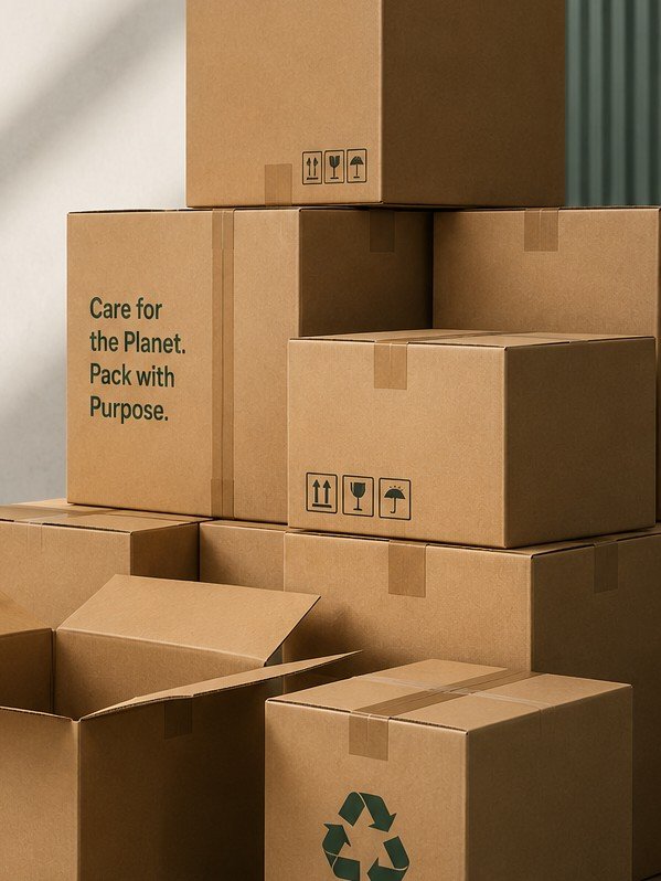 Stacked corrugated cartons printed with sustainable packaging and recycling messaging